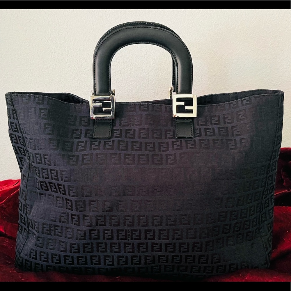 Fendi Tote Blue Zucchino FF Logo w/ silver tone hardware leather trim handles